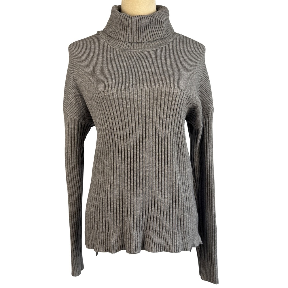 Womens Grey Ribbed Turtleneck Sweaterā Size Large Drop Shoulder Knit Top Cozy